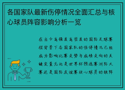 各国家队最新伤停情况全面汇总与核心球员阵容影响分析一览
